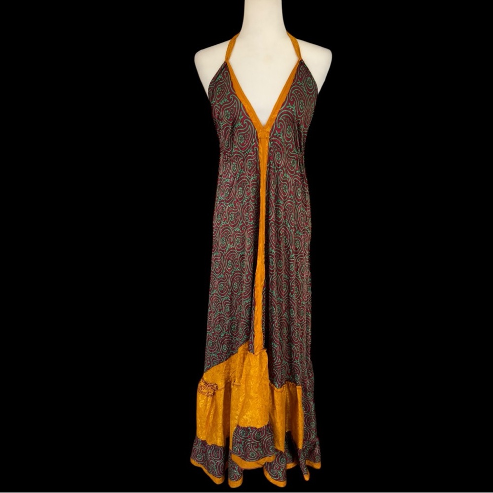 Bohemian Maxi Dress Halter Spring Festival Gold Beach Summer Vacation Ruffle - Picture 2 of 4
